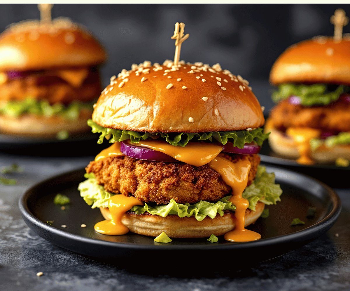 chicken burger on a black plate with cheese oozing out